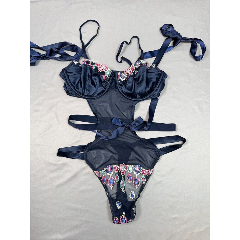 Victoria's Secret Navy Blue Embellished Mesh Teddy Bodysuit Lingerie Sz M